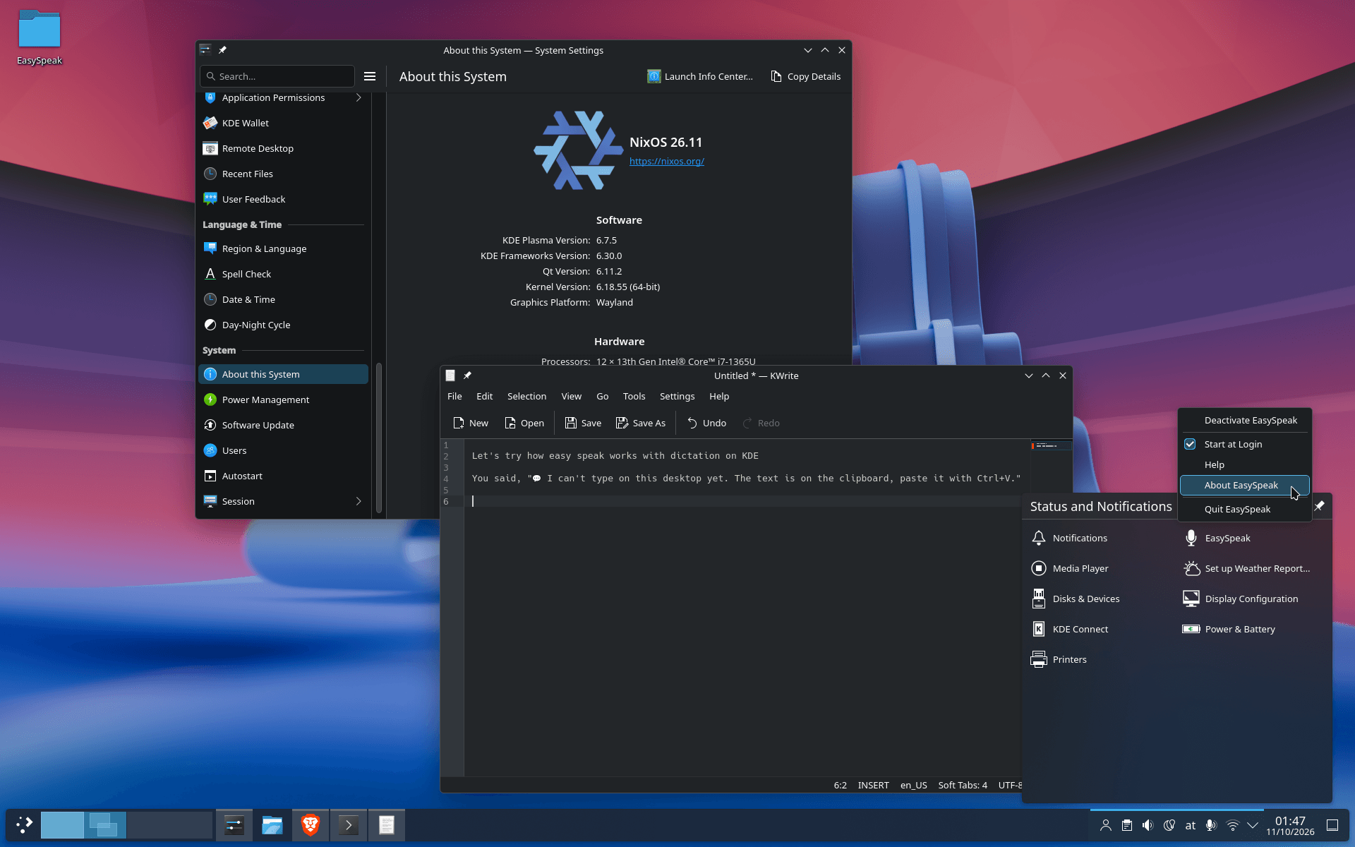 KDE Plasma's system tray popup with EasySpeak's microphone icon and its menu:
"Deactivate EasySpeak", "Start at Login" (ticked), "Help", "About EasySpeak" and
"Quit EasySpeak". Behind it, KWrite shows dictated text that EasySpeak placed on
the clipboard