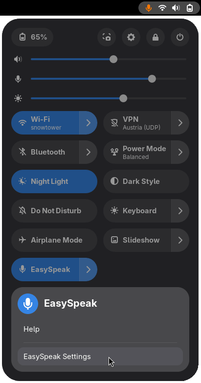 The GNOME Quick Settings menu with an active-microphone EasySpeak toggle expanded into its sub-menu: an "EasySpeak" heading, a "Help" entry, and "EasySpeak Settings" (hovered)