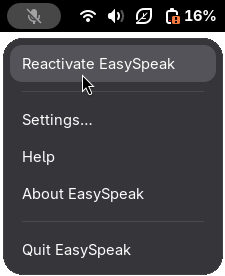 The EasySpeak tray menu open in the GNOME top bar, the panel icon showing a muted microphone; the menu lists "Reactivate EasySpeak" (hovered), "Settings…", "Help", "About EasySpeak", and "Quit EasySpeak"