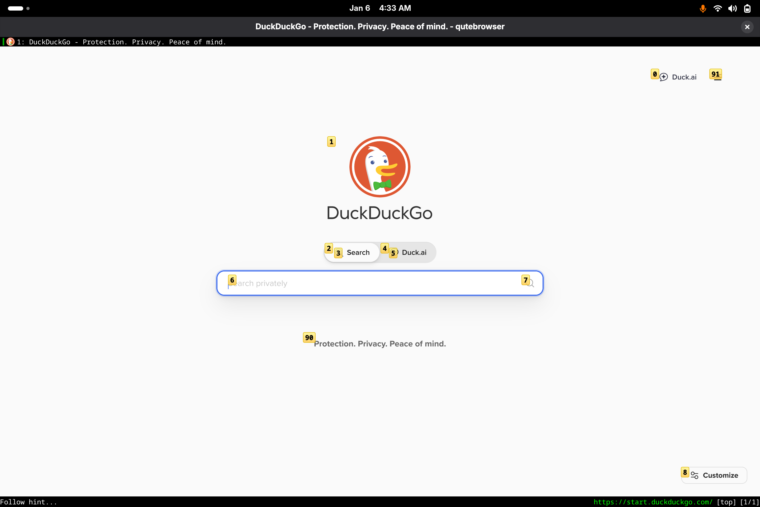 qutebrowser in hint mode on the DuckDuckGo start page, with yellow numbered labels tagging every clickable element