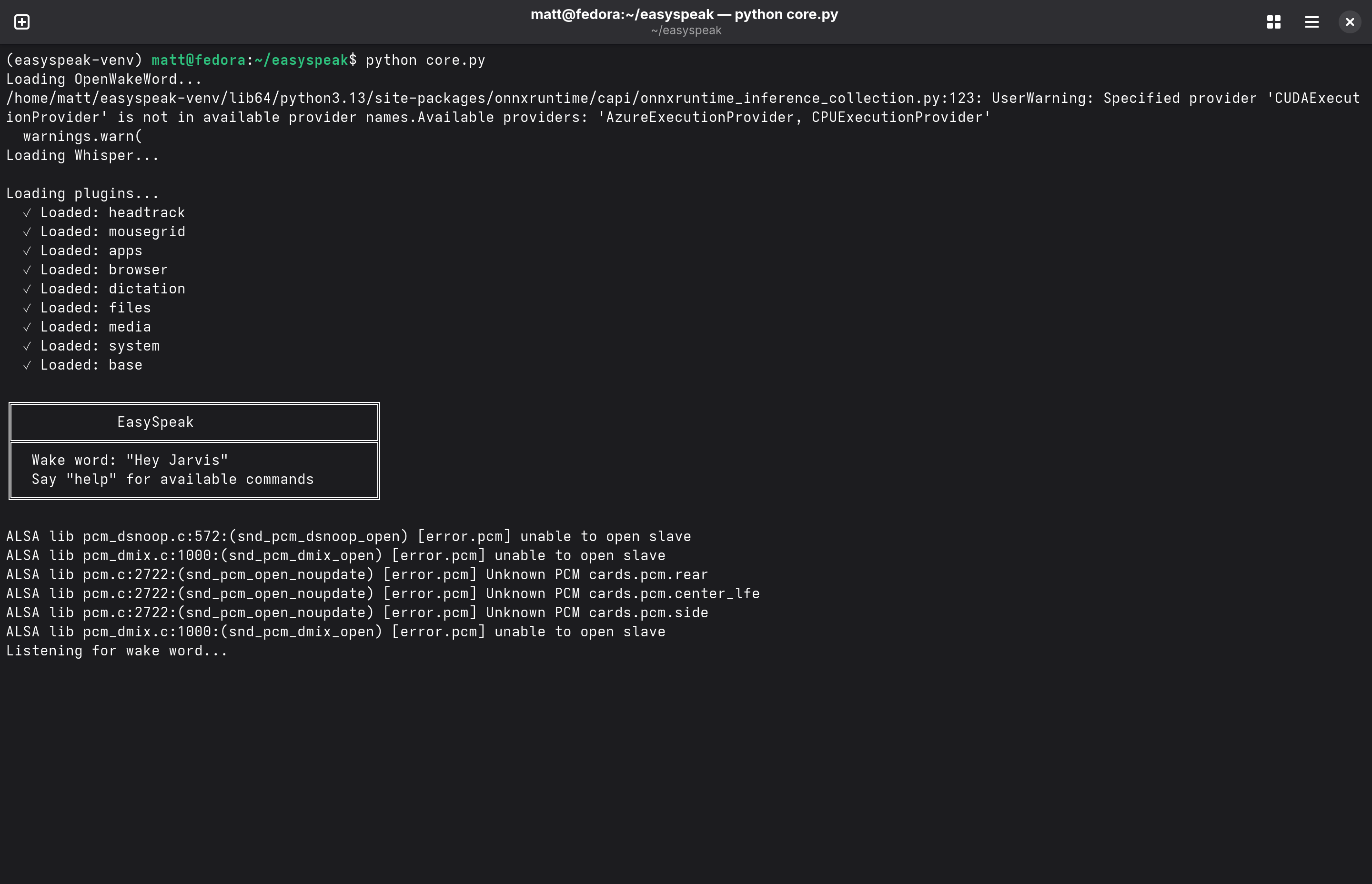 EasySpeak starting in a terminal: OpenWakeWord and Whisper load, each plugin reports "Loaded", and the daemon begins listening for the wake word