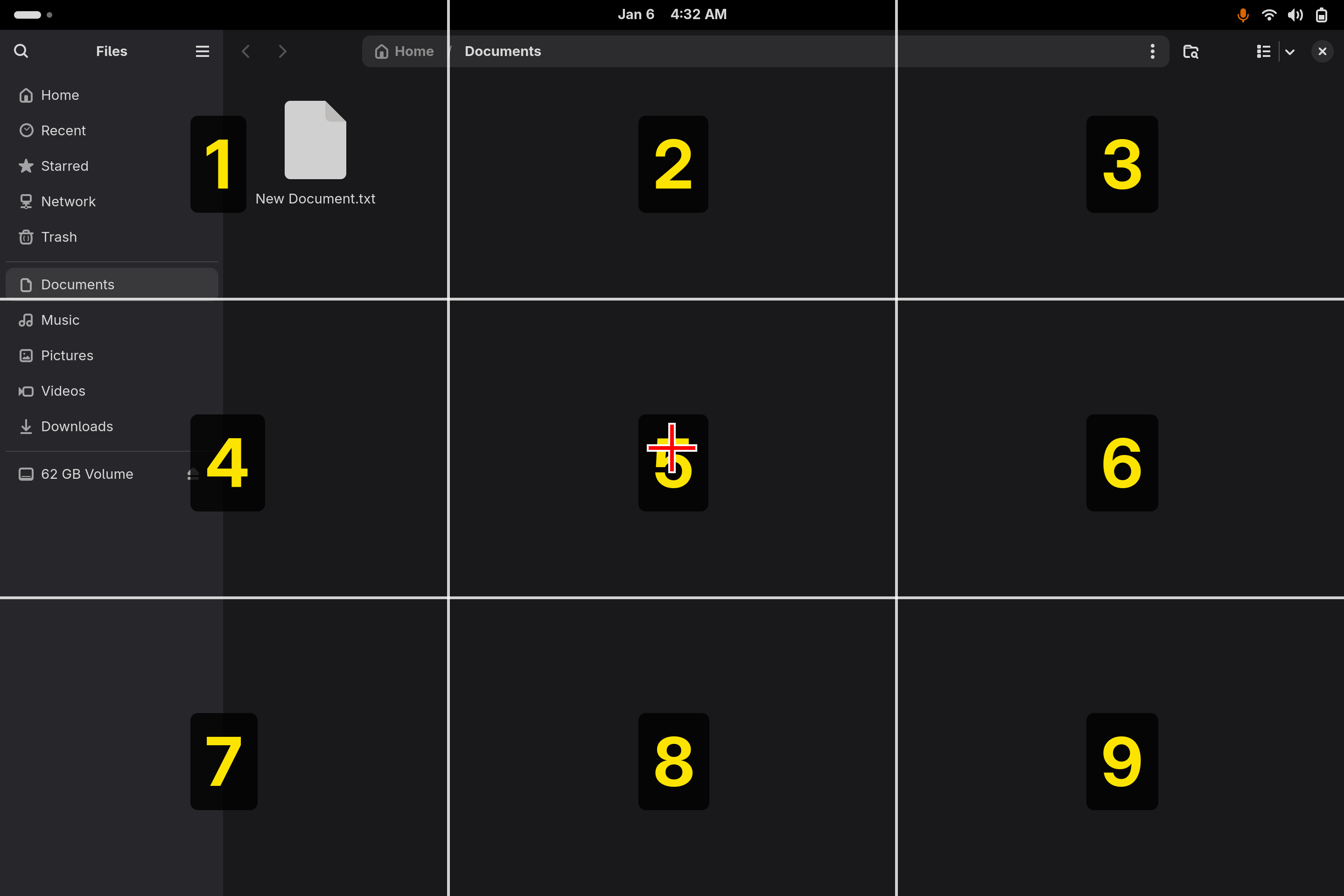 A 3x3 numbered grid overlaying the GNOME Files window, with a red crosshair centred on cell 5